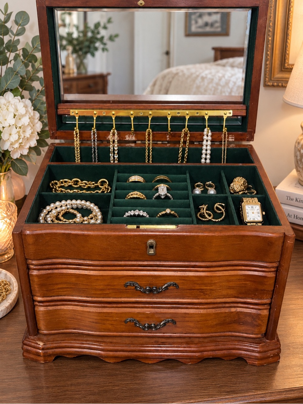 Vintage Wooden Jewelry Box Chest Mirror Green Velvet Drawers Necklace Hooks